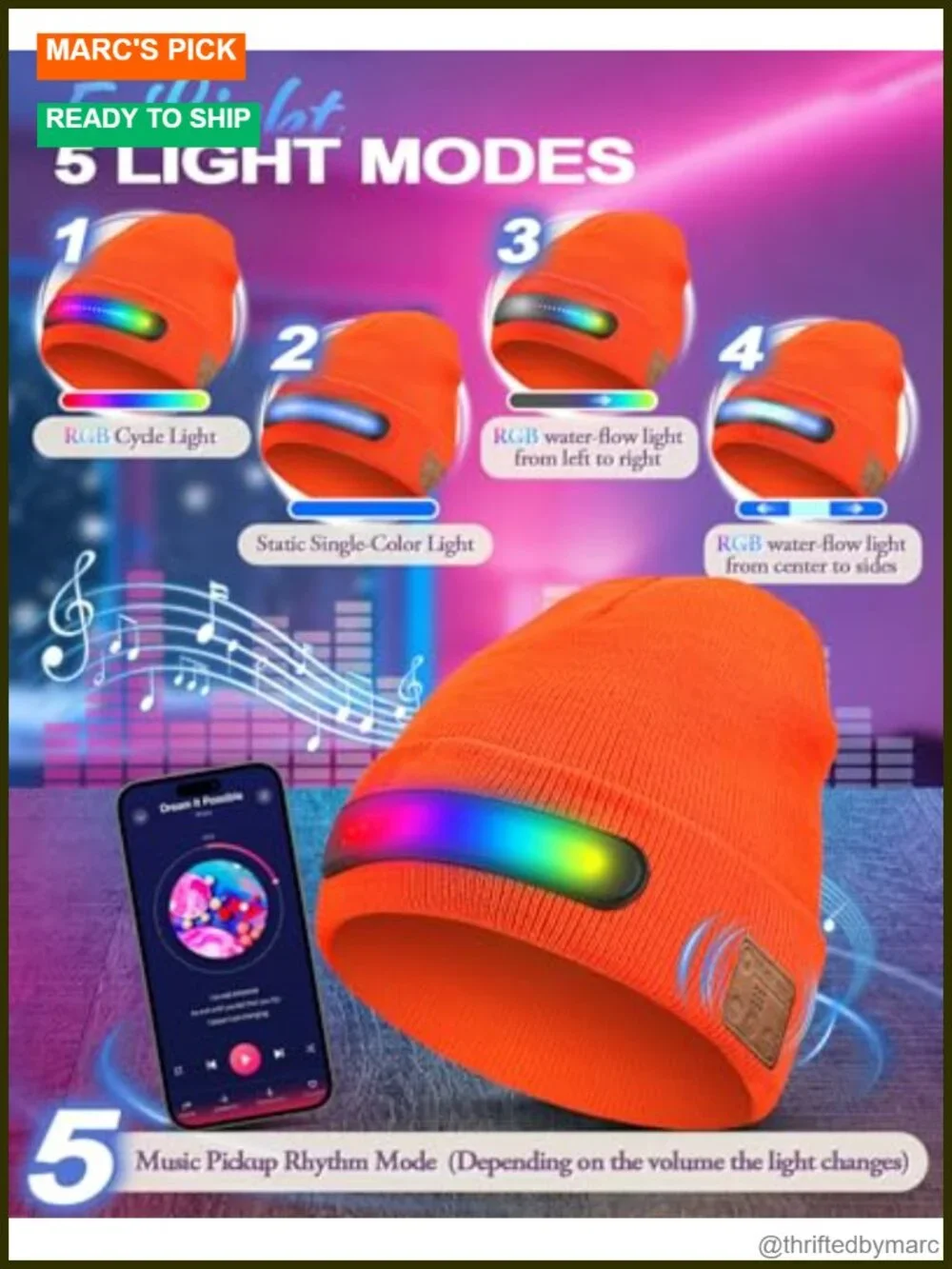 Bluetooth Beanie Hat with Rechargeable RGB LED Lights, Gift for Men Women, USB-C